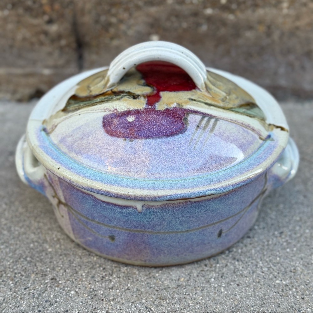 Vintage Jerry Chapelle Signed Studio Pottery Stoneware 9” Lidded Dish Handles